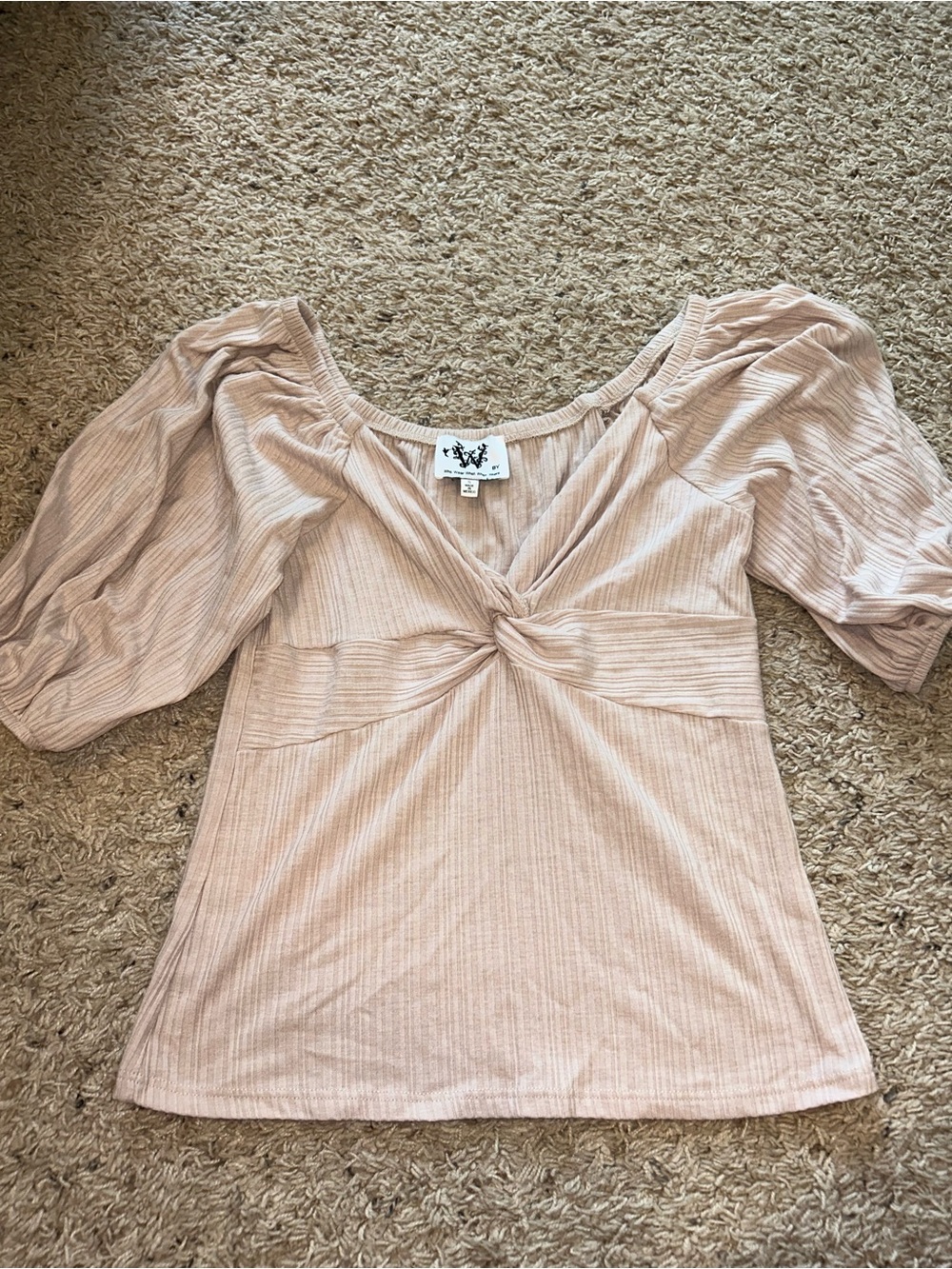 Soft Blush Twist-Front Puff Sleeve Top
